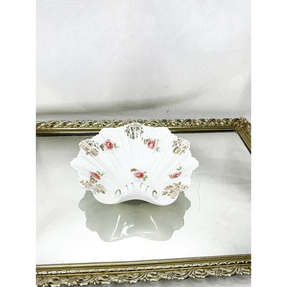 Antique Clam Shell Serving Bowl Tray with Rose Details, Germany, Decorative - Picture 1 of 8
